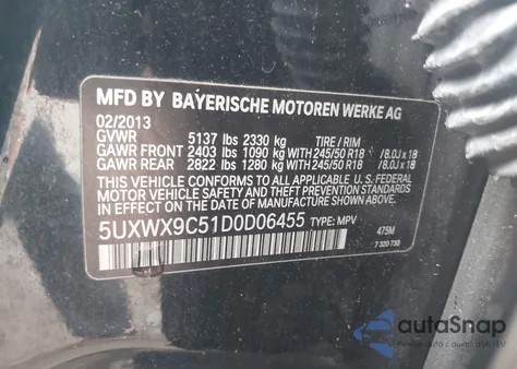 2013 BMW X3 xDrive28I z USA, uszkodzony, nr VIN 5UXWX9C51D0D06455